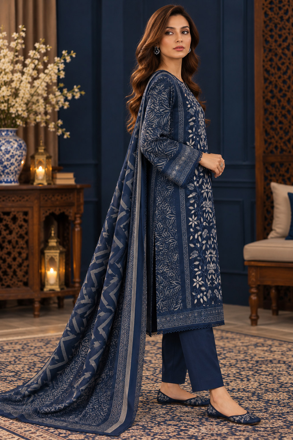Pakistani Women’s Casual Winter Wear 3-Piece Embroidered  Suit – Dhanak, Blue | 1505 | Designer Rack
