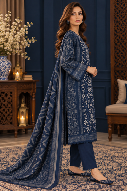 Pakistani Women’s Casual Winter Wear 3-Piece Embroidered  Suit – Dhanak, Blue | 1505 | Designer Rack