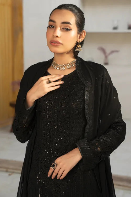 Pakistani Women’s Party Wear 3-Piece Suit – Chiffon, Black | Designer Rack