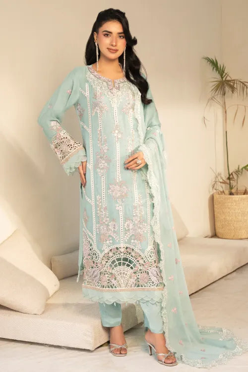 Pakistani Women’s Party Wear 3-Piece Suit – Chiffon, Ice Aqua | Designer Rack