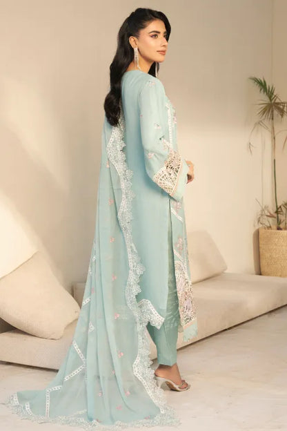 Pakistani Women’s Party Wear 3-Piece Suit – Chiffon, Ice Aqua | Designer Rack