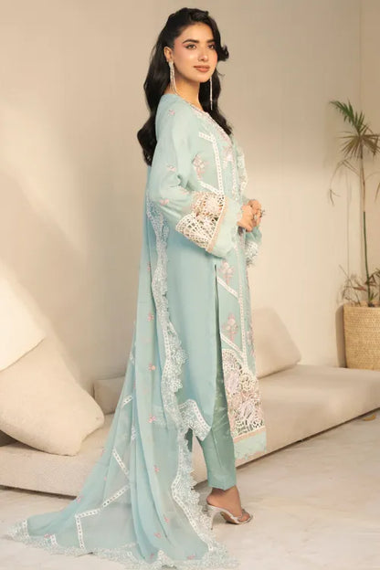 Pakistani Women’s Party Wear 3-Piece Suit – Chiffon, Ice Aqua | Designer Rack