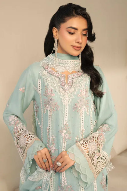 Pakistani Women’s Party Wear 3-Piece Suit – Chiffon, Ice Aqua | Designer Rack