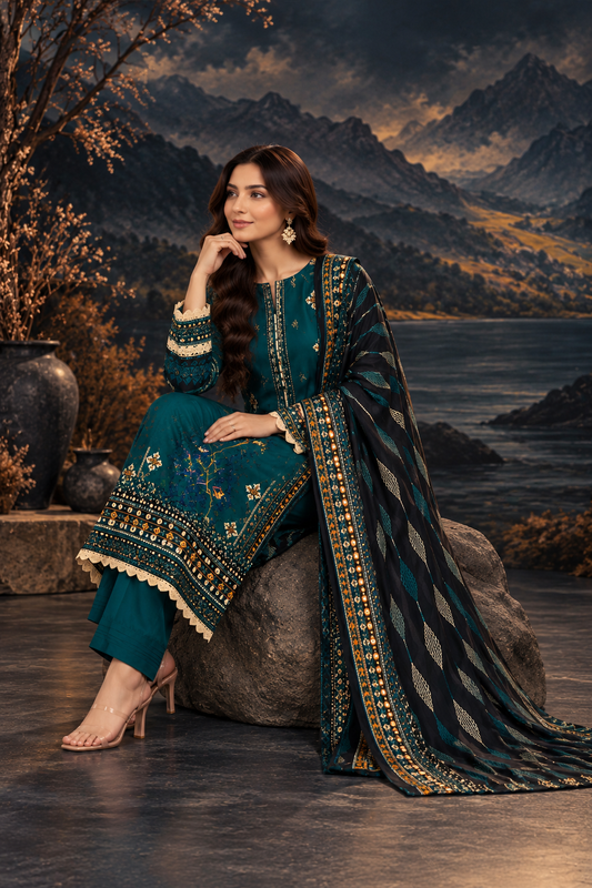 Pakistani Women’s Casual Winter Wear 3-Piece Embroidered  Suit – Dhanak, Teal Blue | 1506| Designer Rack