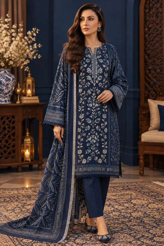 Pakistani Women’s Casual Winter Wear 3-Piece Embroidered  Suit – Dhanak, Blue | 1505 | Designer Rack