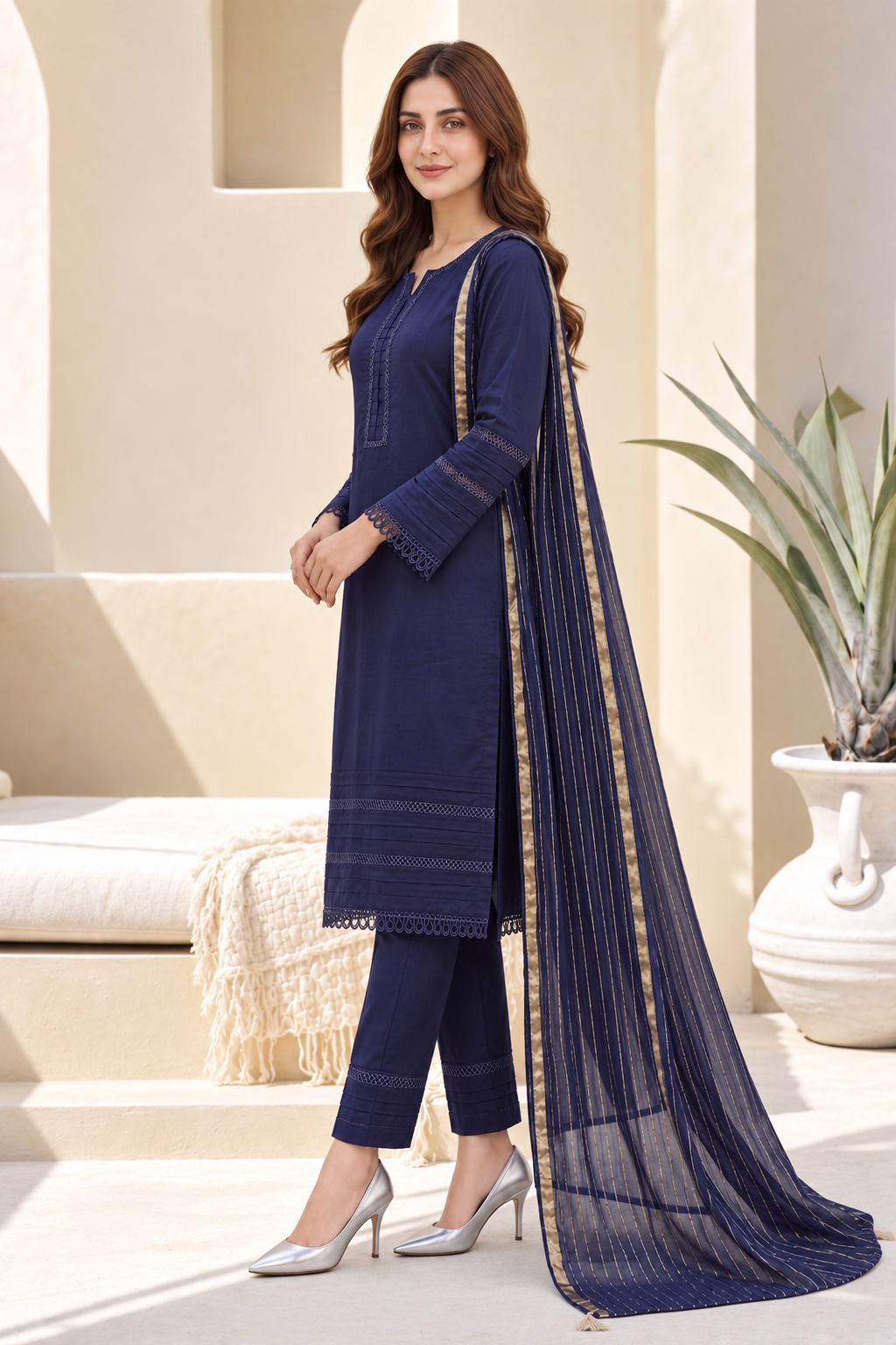 Pakistani Women's Casual Wear 3-Piece Suit - Linen, Blue | 1504 | Designer Rack