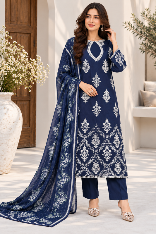 Pakistani Women's Casual Wear 3 pc Suit Linen Blue | 1500 | Designer Rack