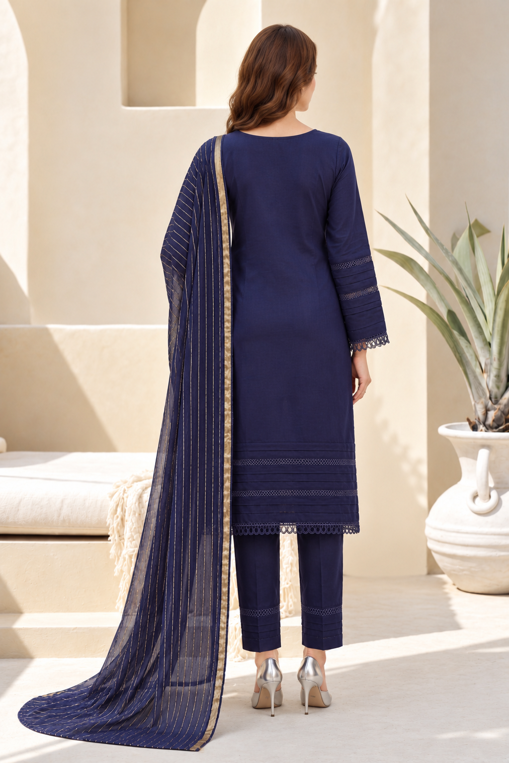 Pakistani Women's Casual Wear 3-Piece Suit - Linen, Blue | 1504 | Designer Rack