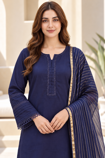 Pakistani Women's Casual Wear 3-Piece Suit - Linen, Blue | 1504 | Designer Rack