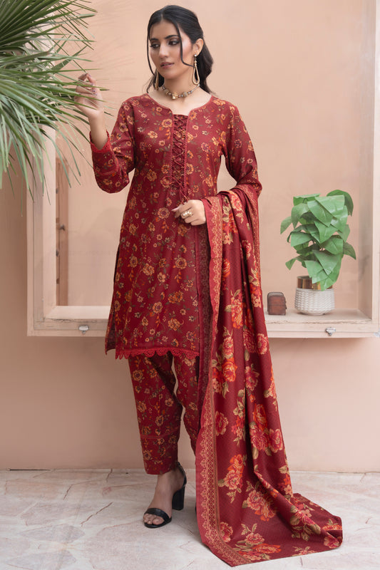 Pakistani Red Floral Printed  Dhanak Suit for Women – Winter Designer Collection