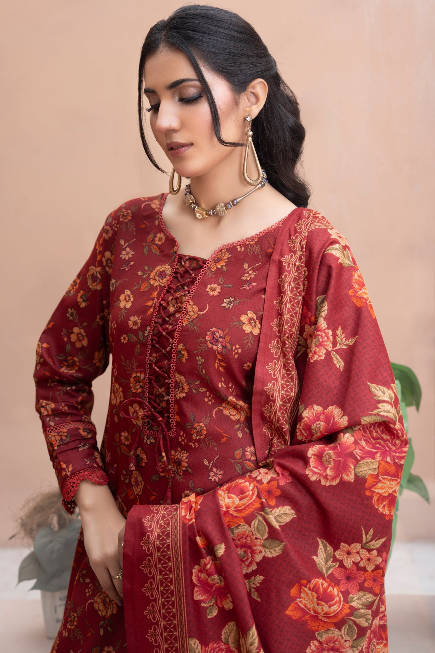 Pakistani Red Floral Printed  Dhanak Suit for Women – Winter Designer Collection