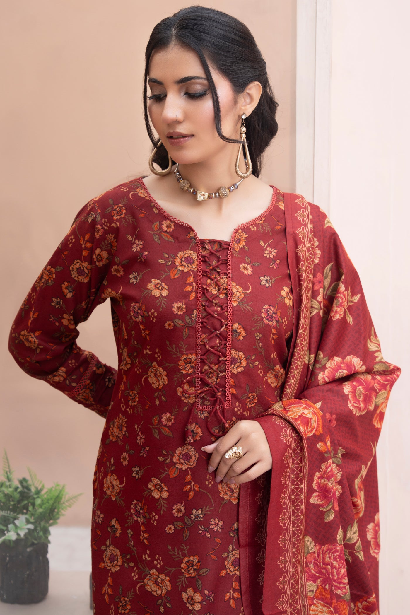 Pakistani Red Floral Printed  Dhanak Suit for Women – Winter Designer Collection