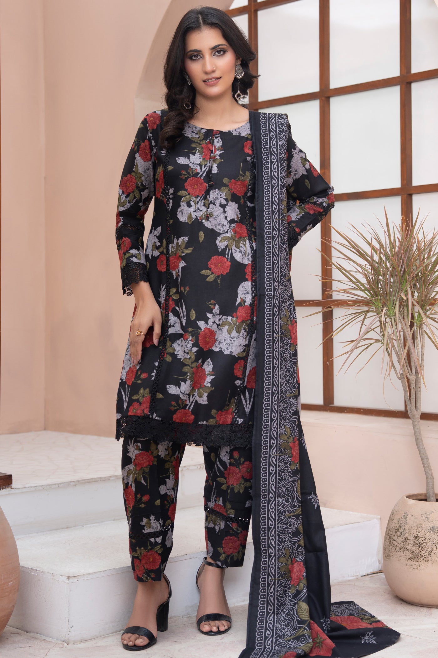 Pakistani Black Floral Printed  Dhanak Suit for Women – Winter Designer Collection