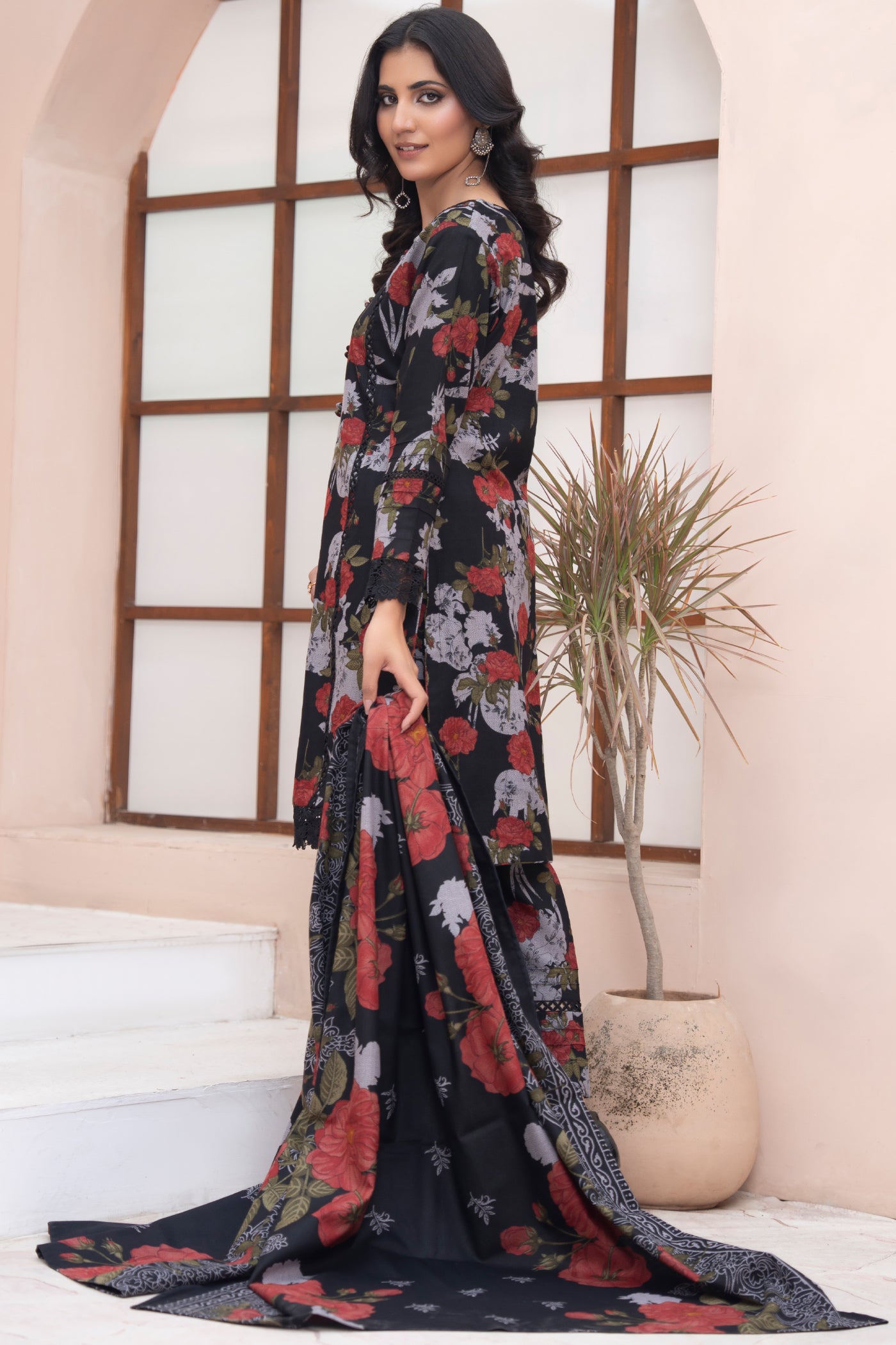 Pakistani Black Floral Printed  Dhanak Suit for Women – Winter Designer Collection