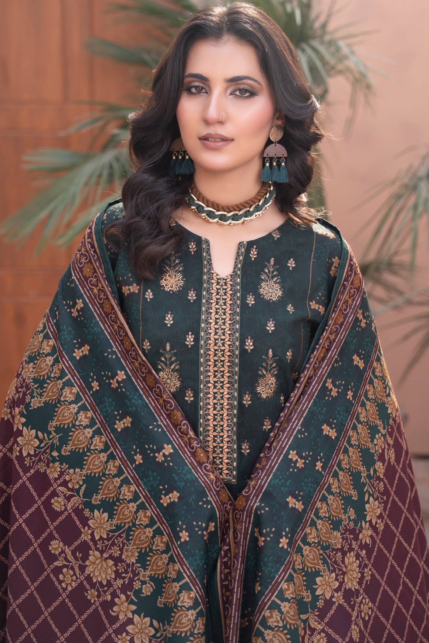 Pakistani Embroidered Dark Green Dhanak Suit for Women – Winter Designer Collection