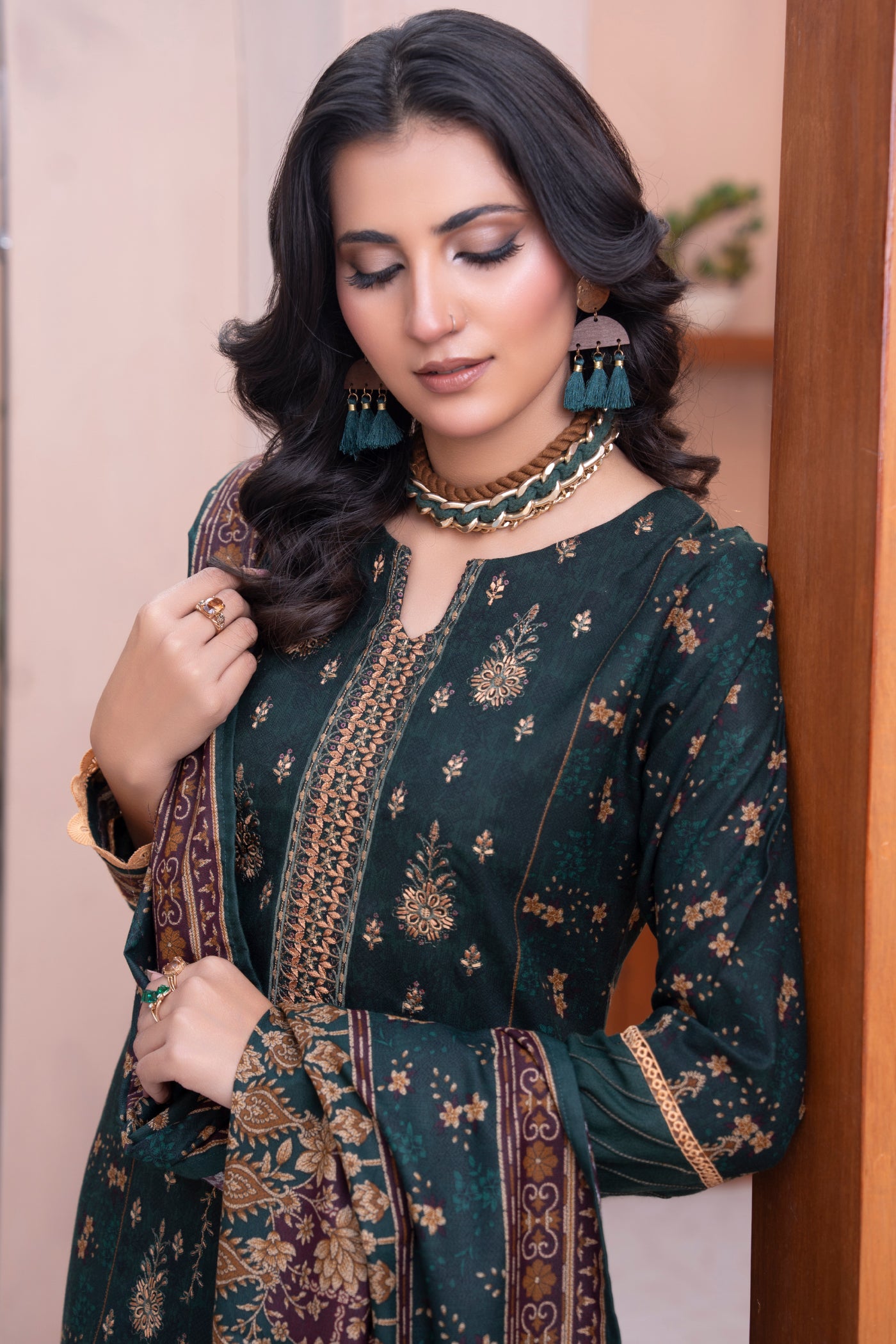 Pakistani Embroidered Dark Green Dhanak Suit for Women – Winter Designer Collection