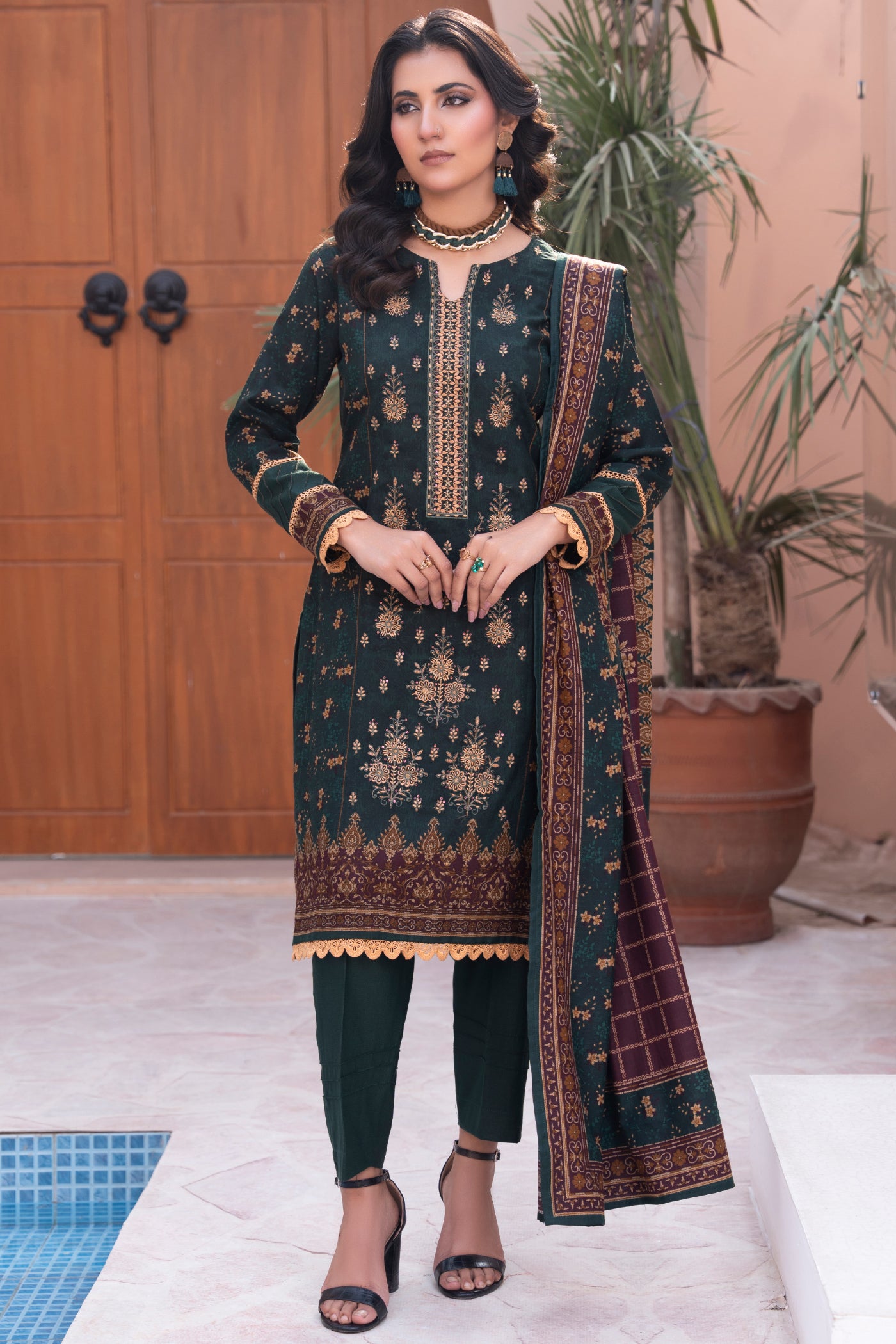 Pakistani Embroidered Dark Green Dhanak Suit for Women – Winter Designer Collection