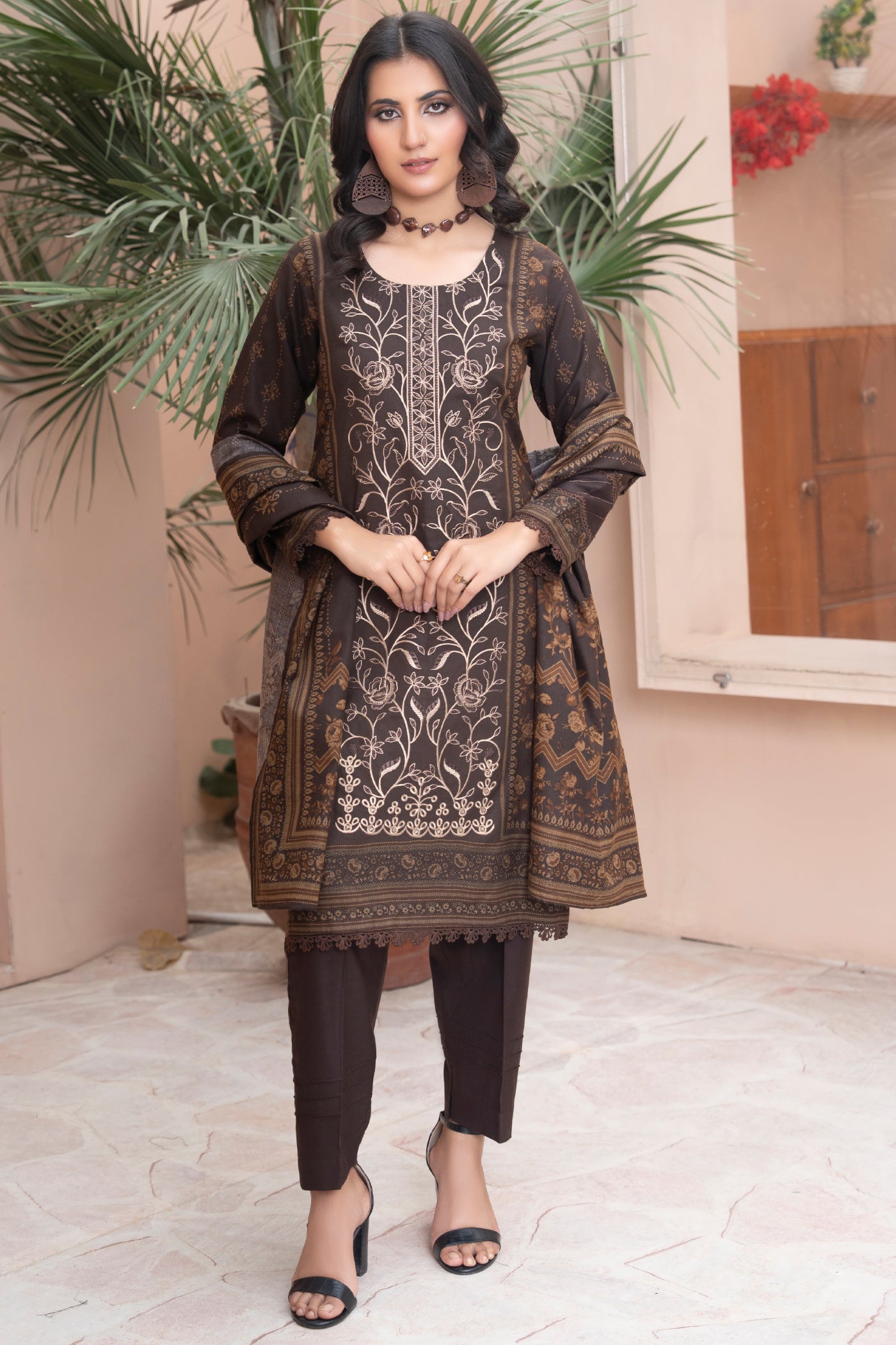 Pakistani Embroidered Brown Dhanak Suit for Women – Winter Designer Collection