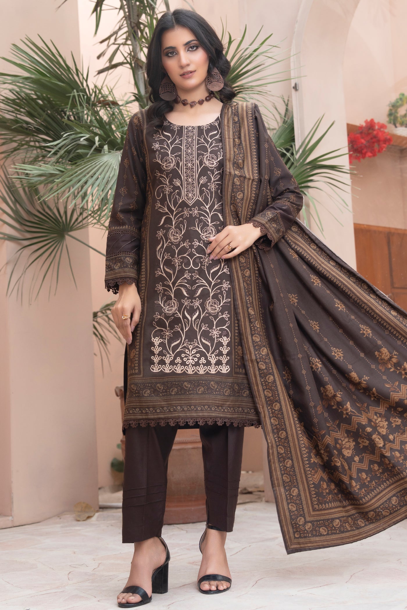 Pakistani Embroidered Brown Dhanak Suit for Women – Winter Designer Collection