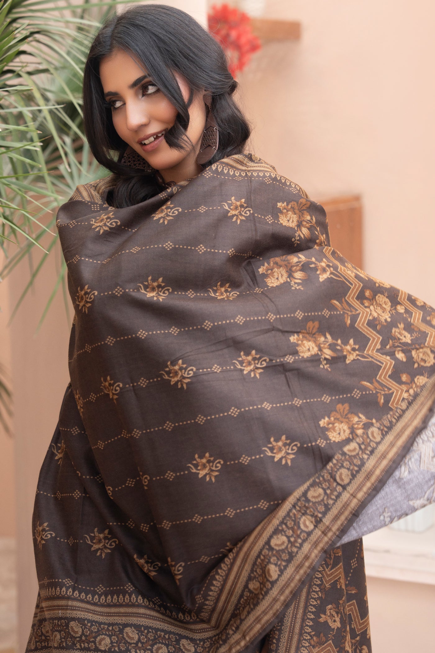 Pakistani Embroidered Brown Dhanak Suit for Women – Winter Designer Collection