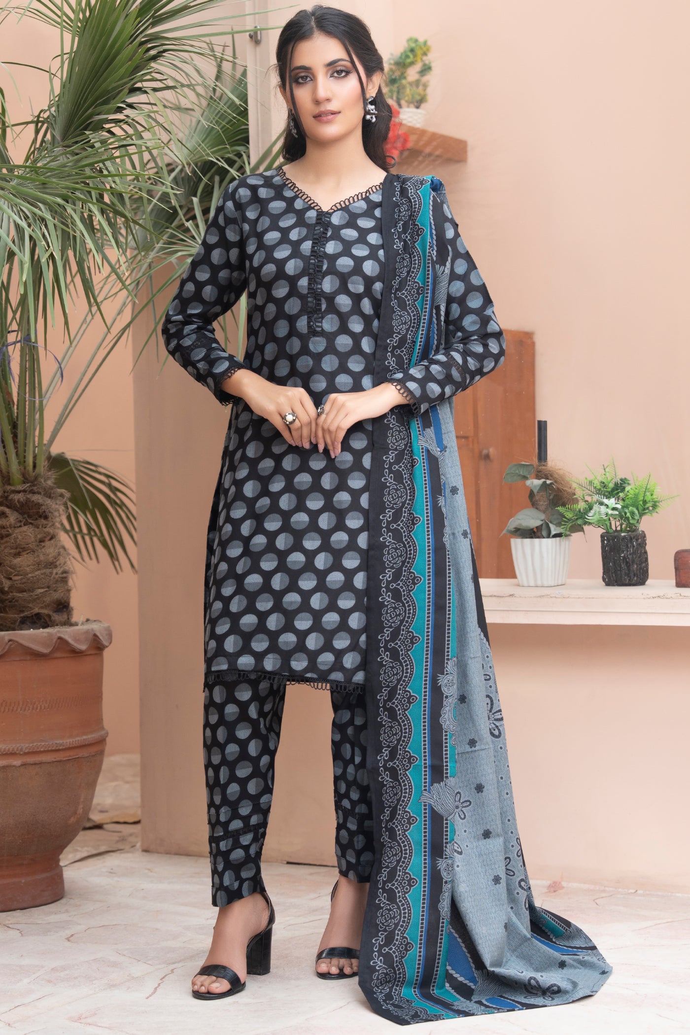 Pakistani Black Grey Floral Printed  Dhanak Suit for Women – Winter Designer Collection