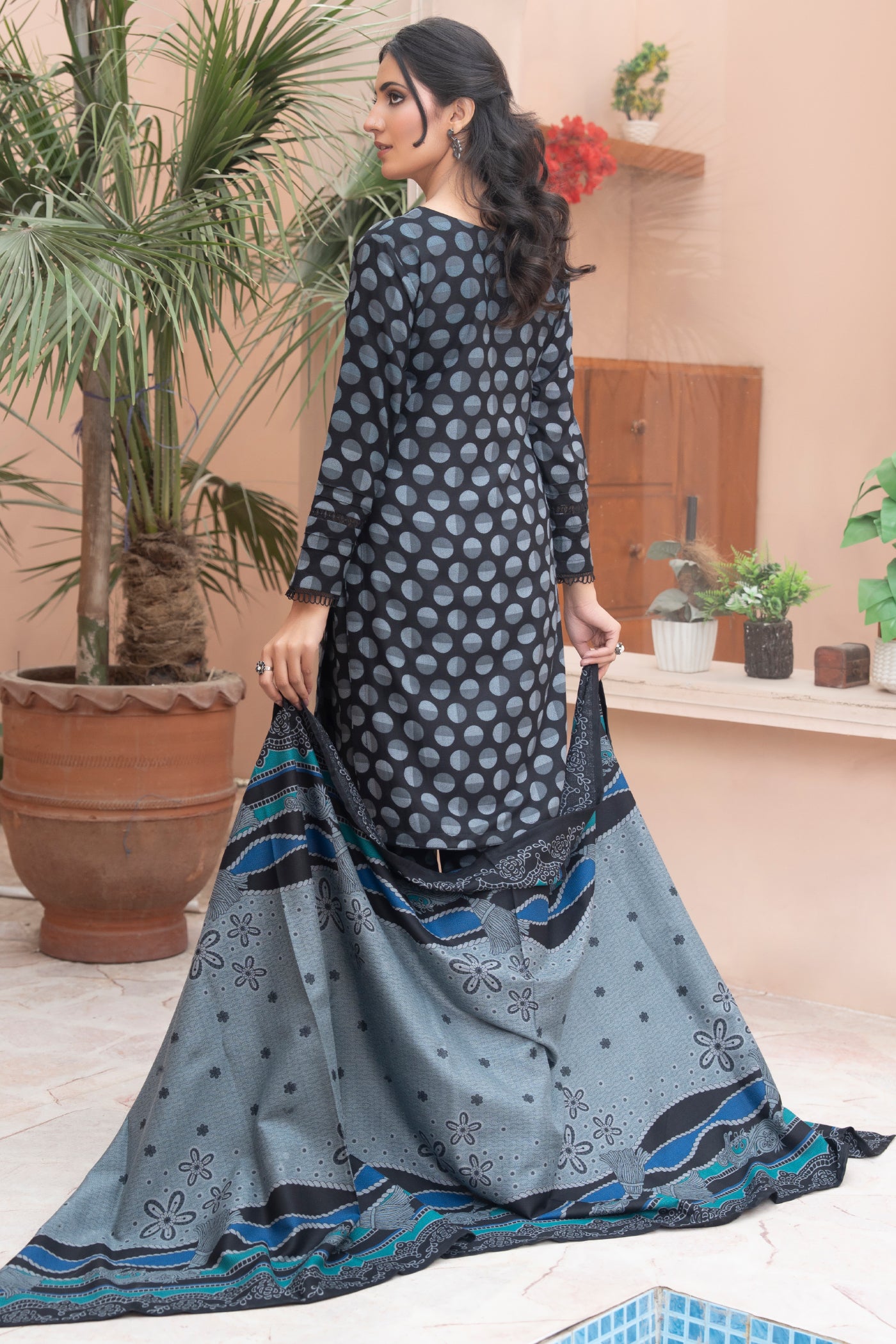 Pakistani Black Grey Floral Printed  Dhanak Suit for Women – Winter Designer Collection