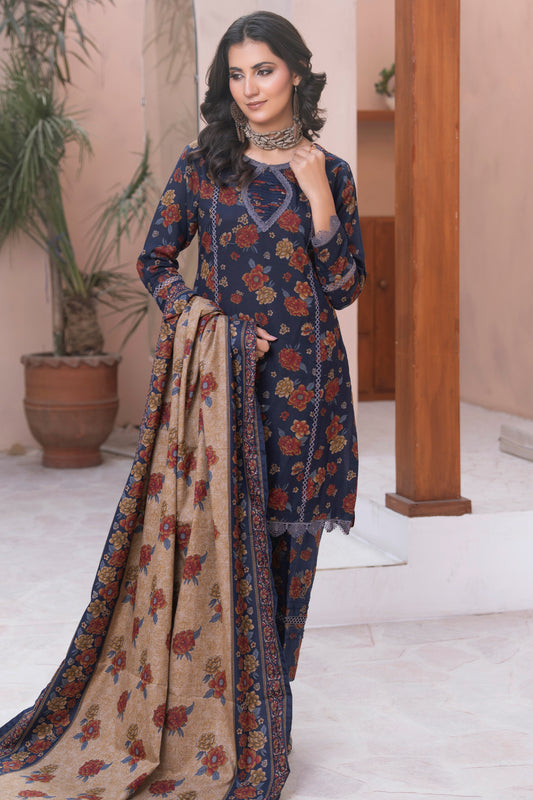Pakistani Blue Floral Printed  Dhanak Suit for Women – Winter Designer Collection