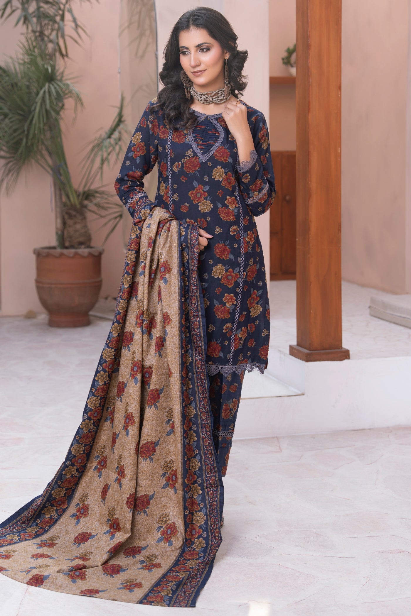 Pakistani Blue Floral Printed  Dhanak Suit for Women – Winter Designer Collection