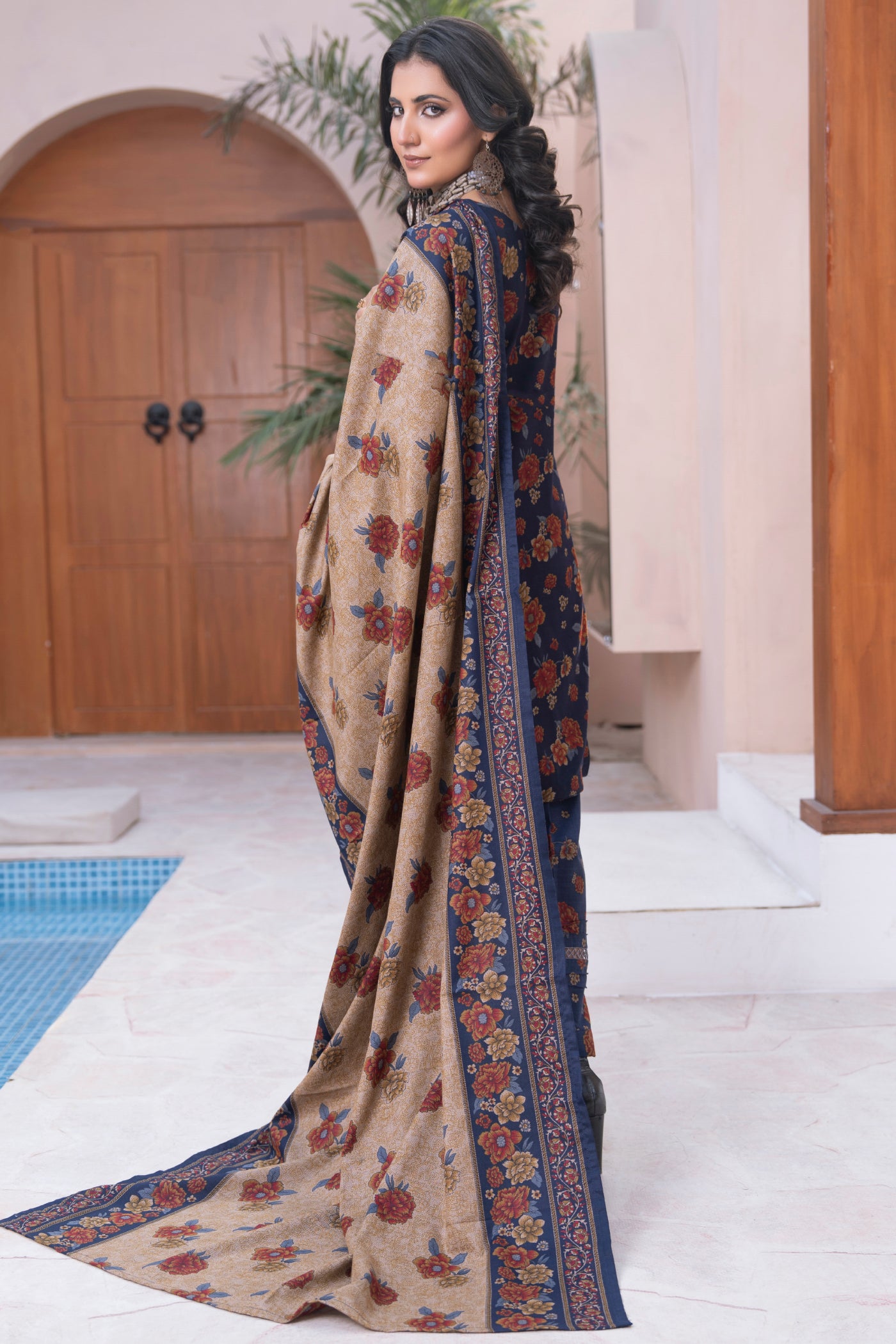 Pakistani Blue Floral Printed  Dhanak Suit for Women – Winter Designer Collection