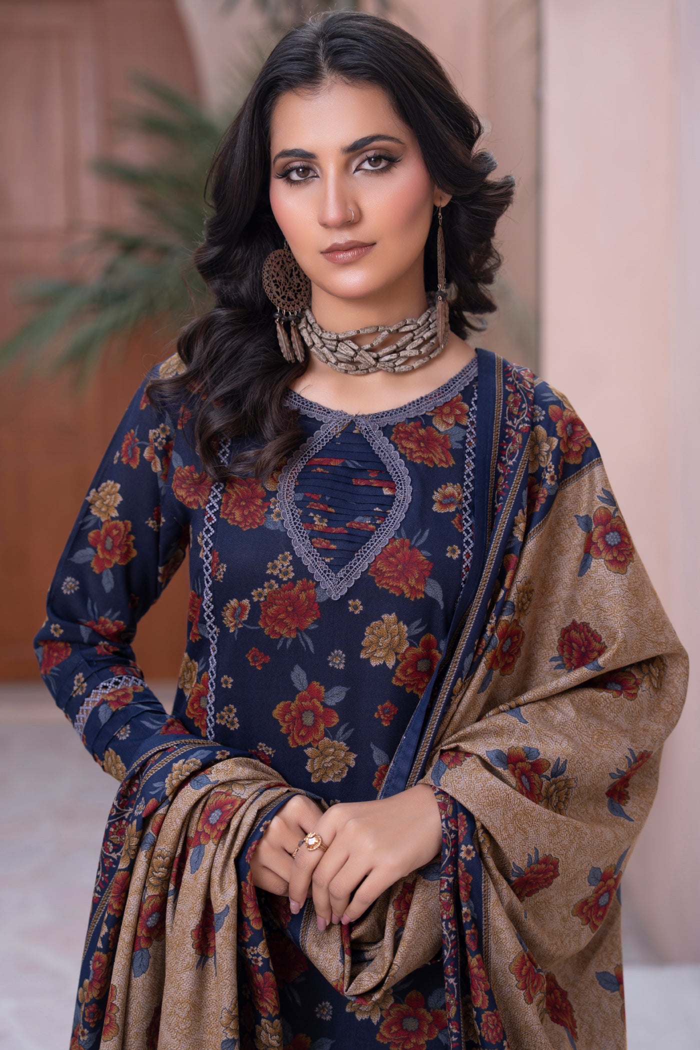 Pakistani Blue Floral Printed  Dhanak Suit for Women – Winter Designer Collection