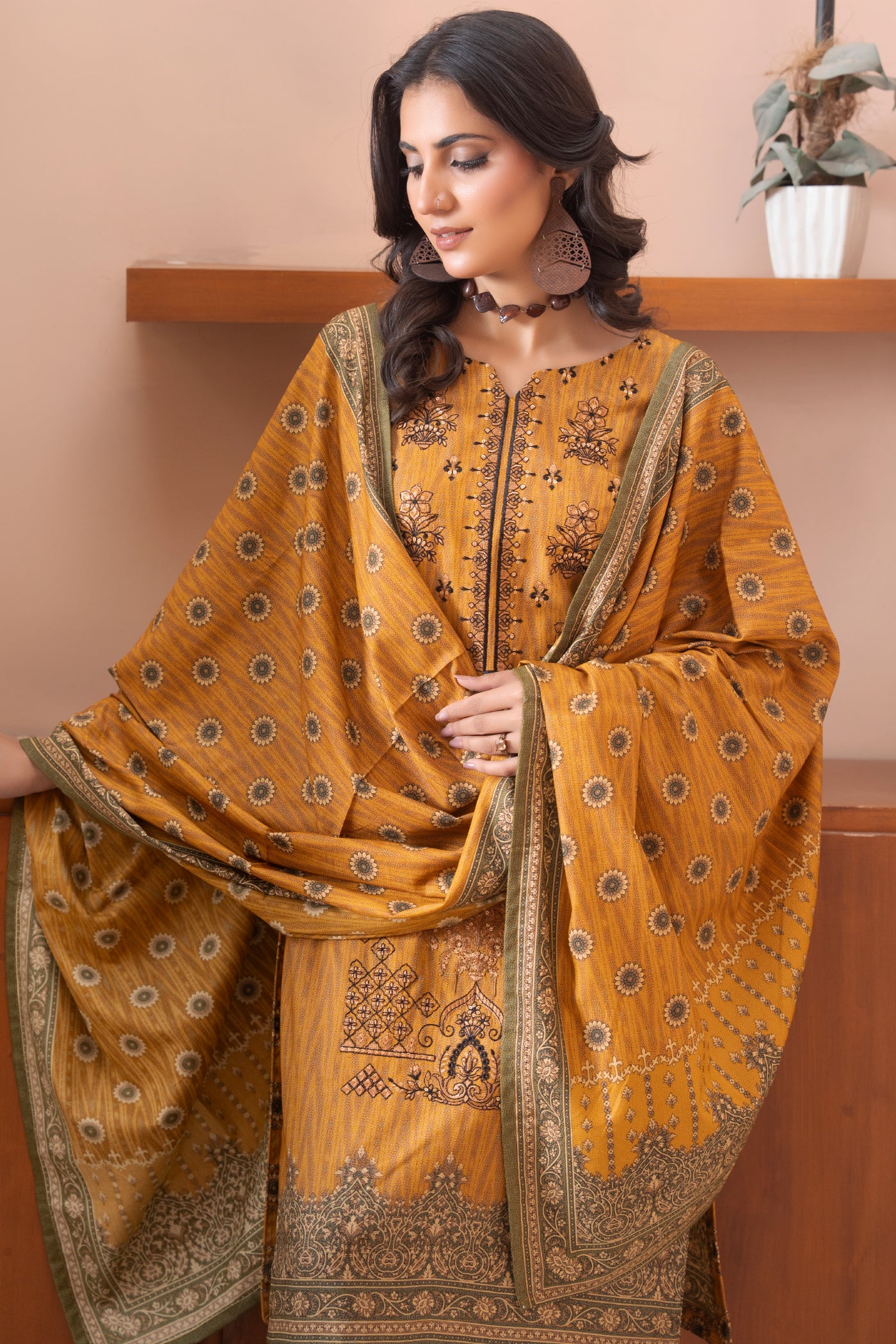 Pakistani Embroidered Mustard Dhanak Suit for Women – Winter Designer Collection