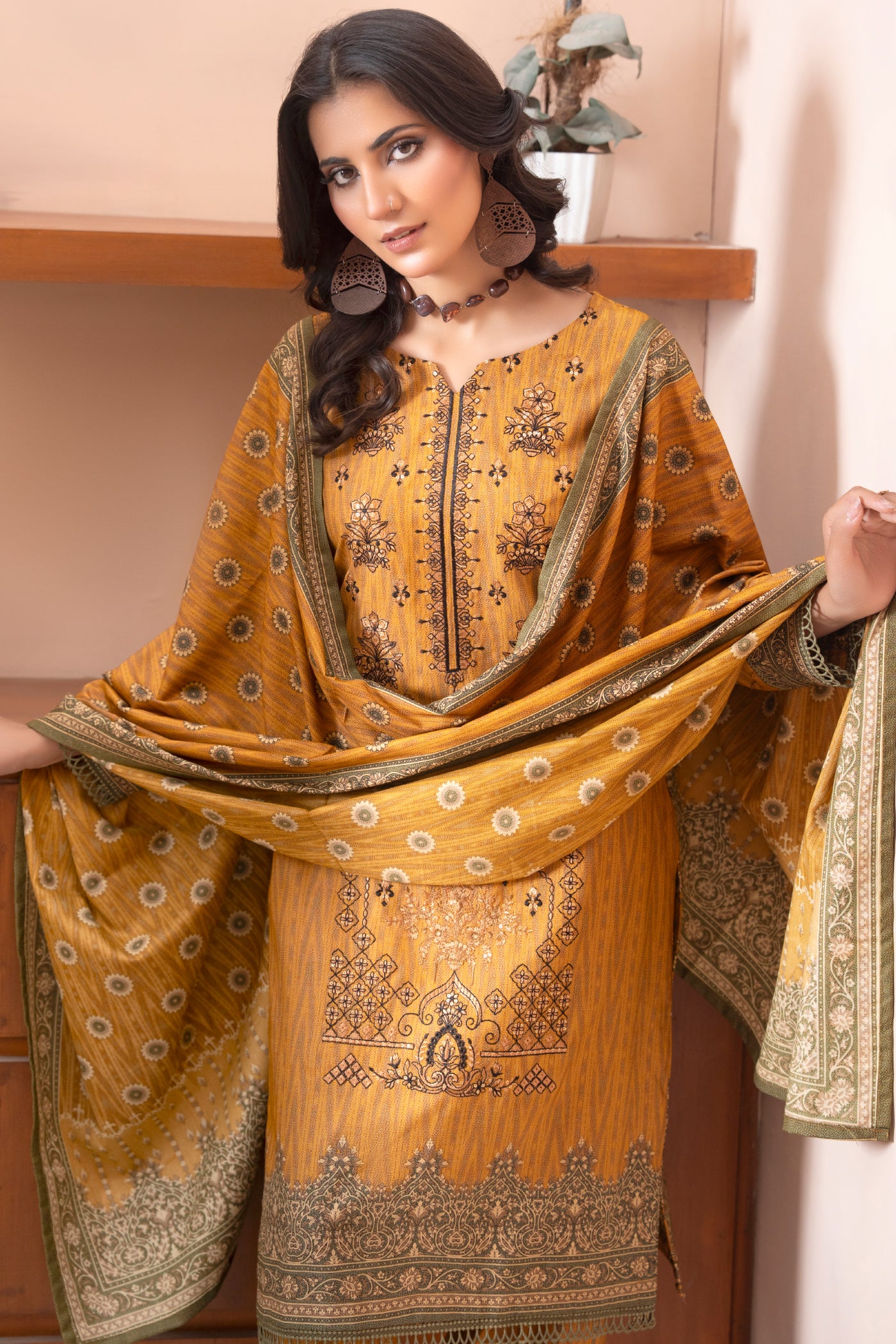 Pakistani Embroidered Mustard Dhanak Suit for Women – Winter Designer Collection