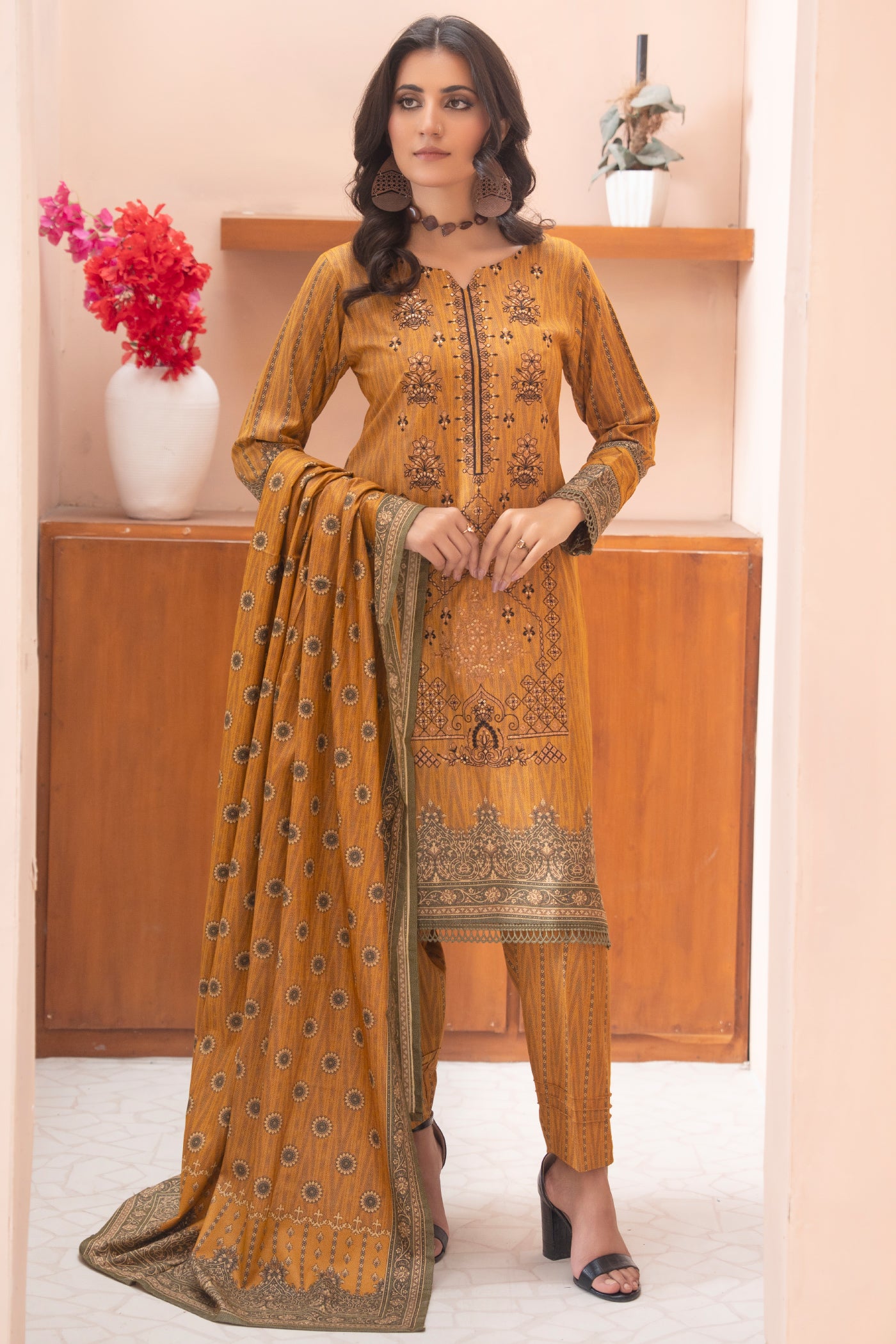Pakistani Embroidered Mustard Dhanak Suit for Women – Winter Designer Collection