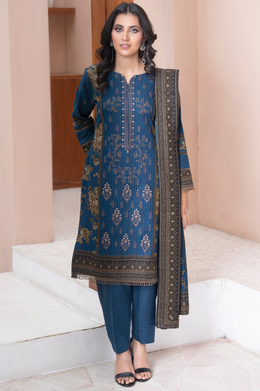Pakistani Embroidered Navy Blue Dhanak Suit for Women – Winter Designer Collection