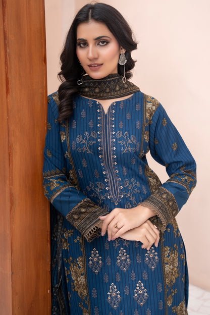 Pakistani Embroidered Navy Blue Dhanak Suit for Women – Winter Designer Collection