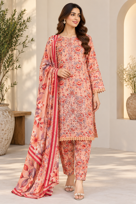Pakistani Women's Casual Wear 3 pc Printed Embroided Pink Suit | 1502 | Designer Rack