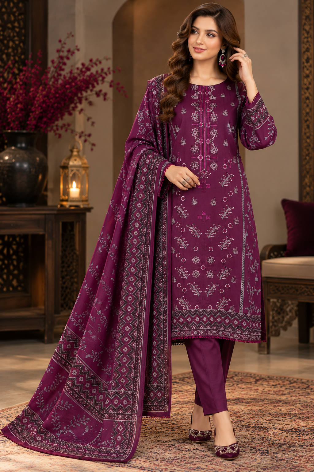 Pakistani Women’s Casual Winter Wear 3-Piece Embroidered  Suit – Dhanak, Plum | 1505 | Designer Rack