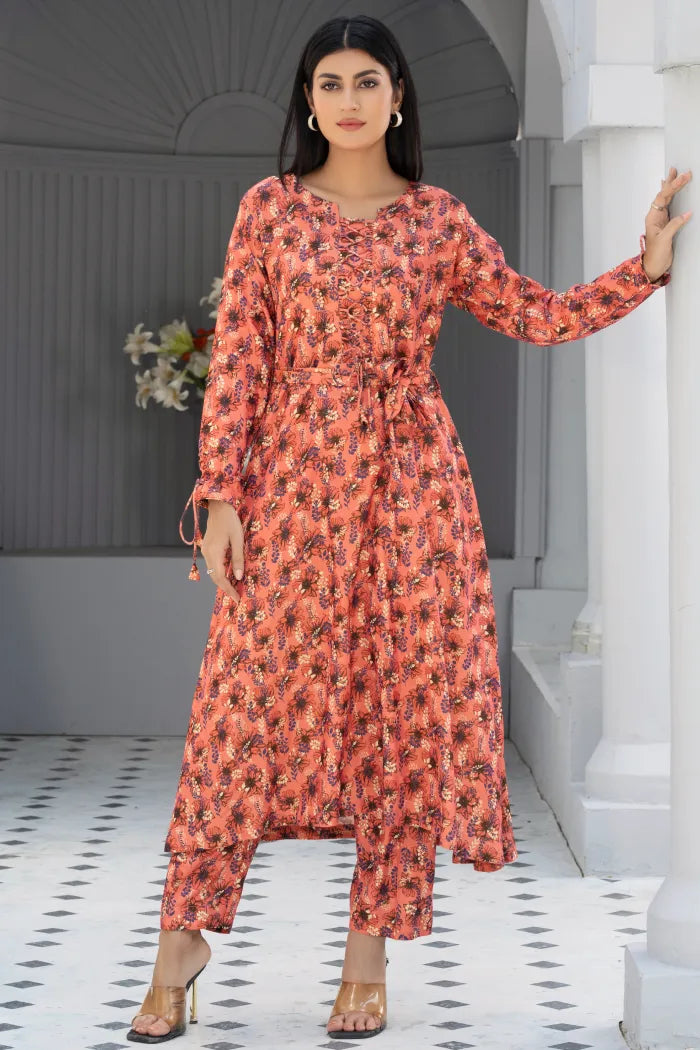 Dhanak Floral Printed Women Wear Frock Co-Ord-1451-Pink