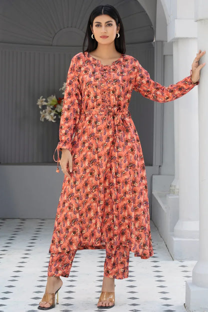 Dhanak Floral Printed Women Wear Frock Co-Ord-1451-Pink