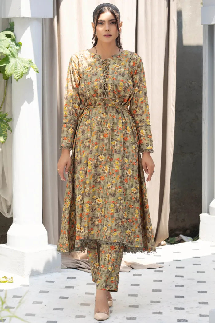 Dhanak Floral Printed Women Wear Frock Co-Ord-1451-Golden