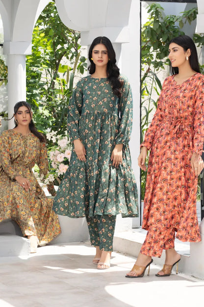 Dhanak Floral Printed Women Wear Frock Co-Ord-1451-Green