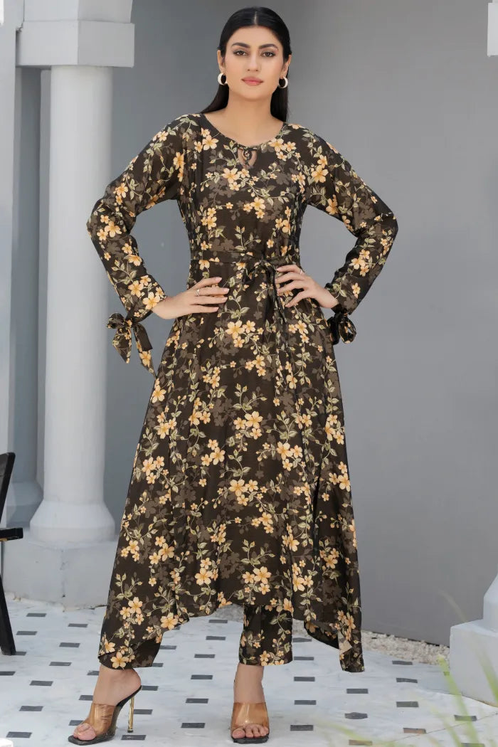 Dhanak Floral Printed Women Wear Frock Co-Ord-1451-Dk Green