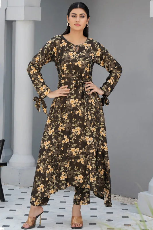 Dhanak Floral Printed Women Wear Frock Co-Ord-1451-Dk Green