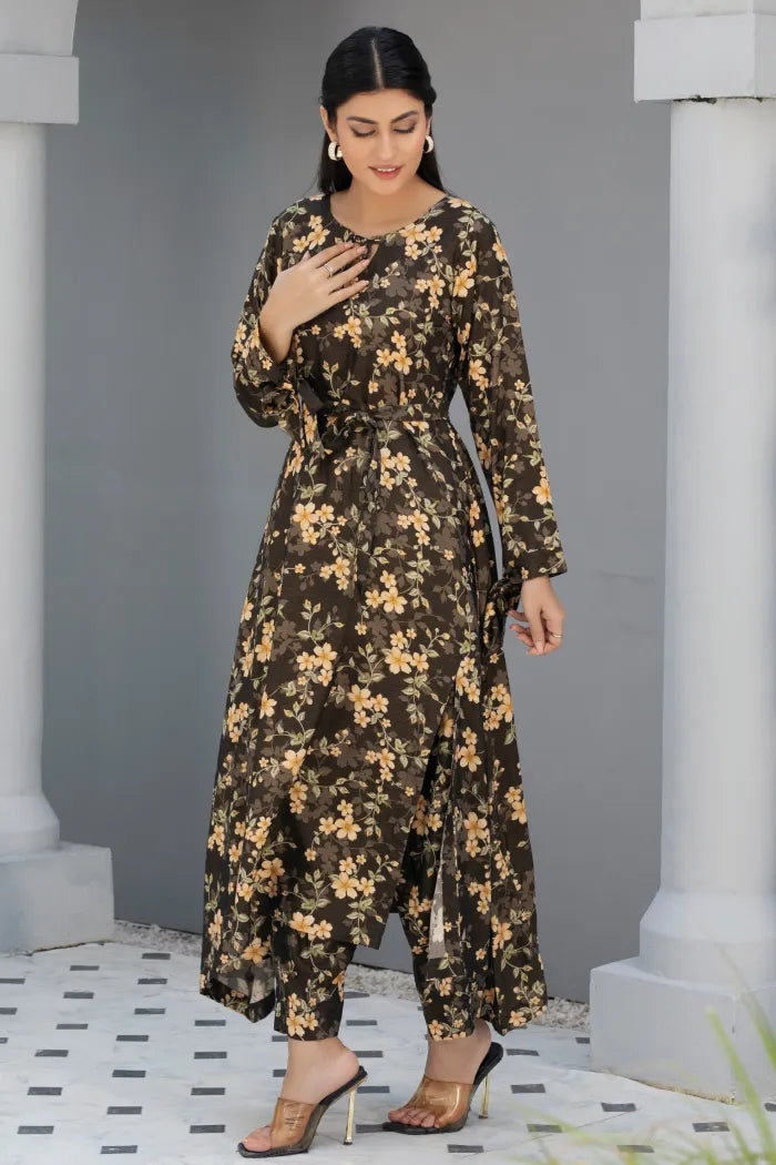 Dhanak Floral Printed Women Wear Frock Co-Ord-1451-Dk Green