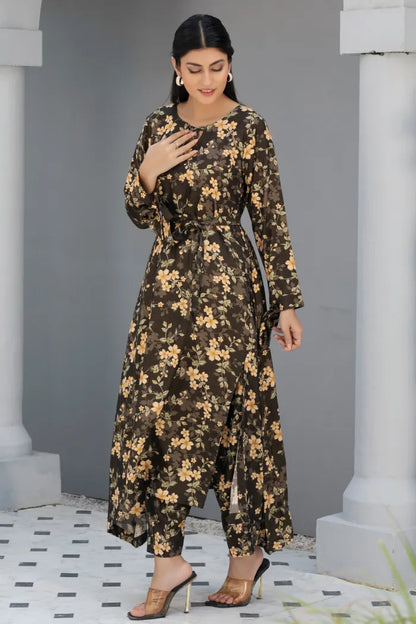 Dhanak Floral Printed Women Wear Frock Co-Ord-1451-Dk Green