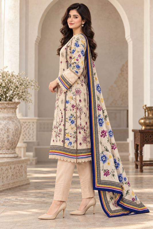 Pakistani Women's Casual Wear 3 pc Printed Embroided Cream Suit | 1502 | Designer Rack