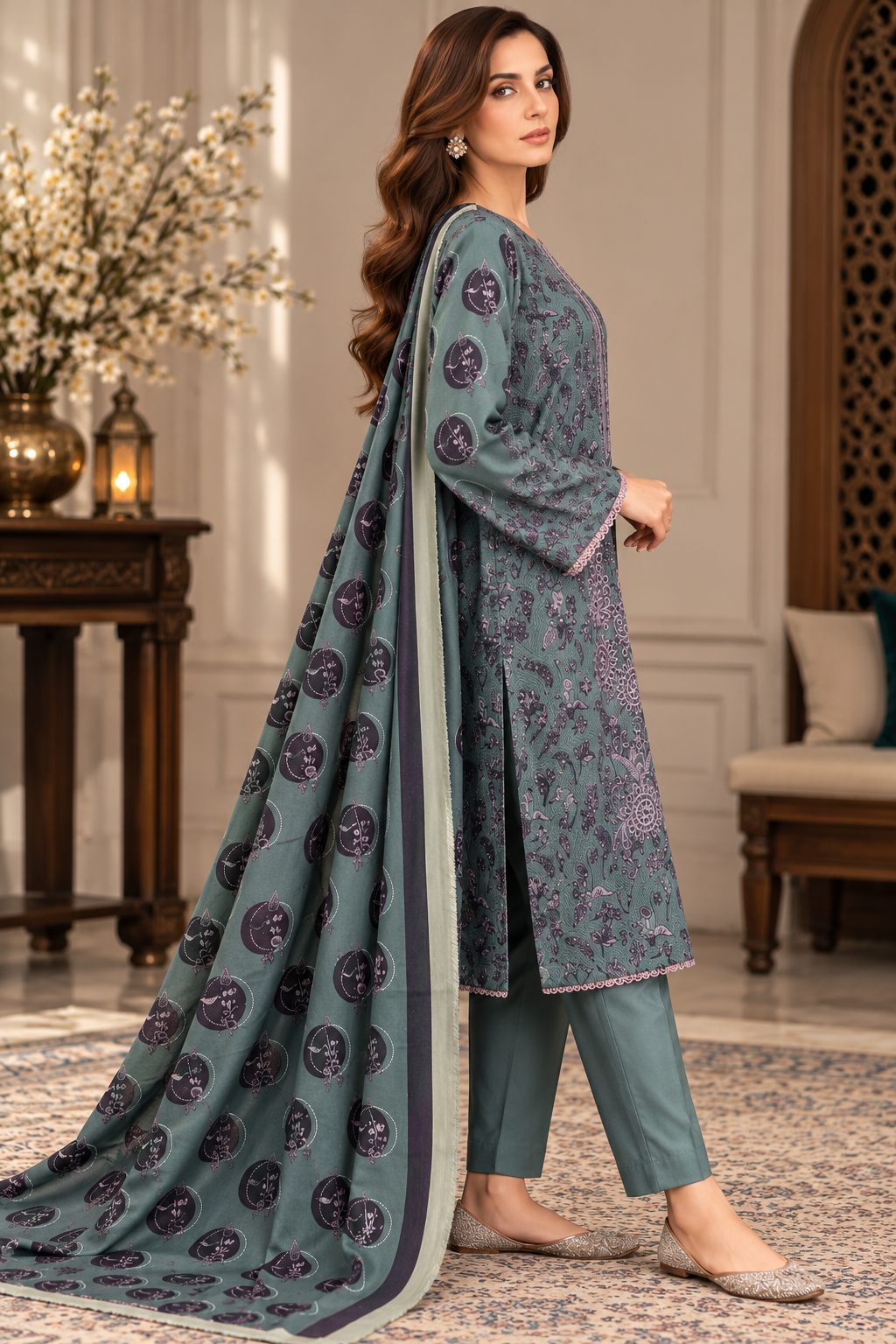 Pakistani Women’s Casual Winter Wear 3-Piece Embroidered  Suit – Dhanak, Mint | 1505 | Designer Rack
