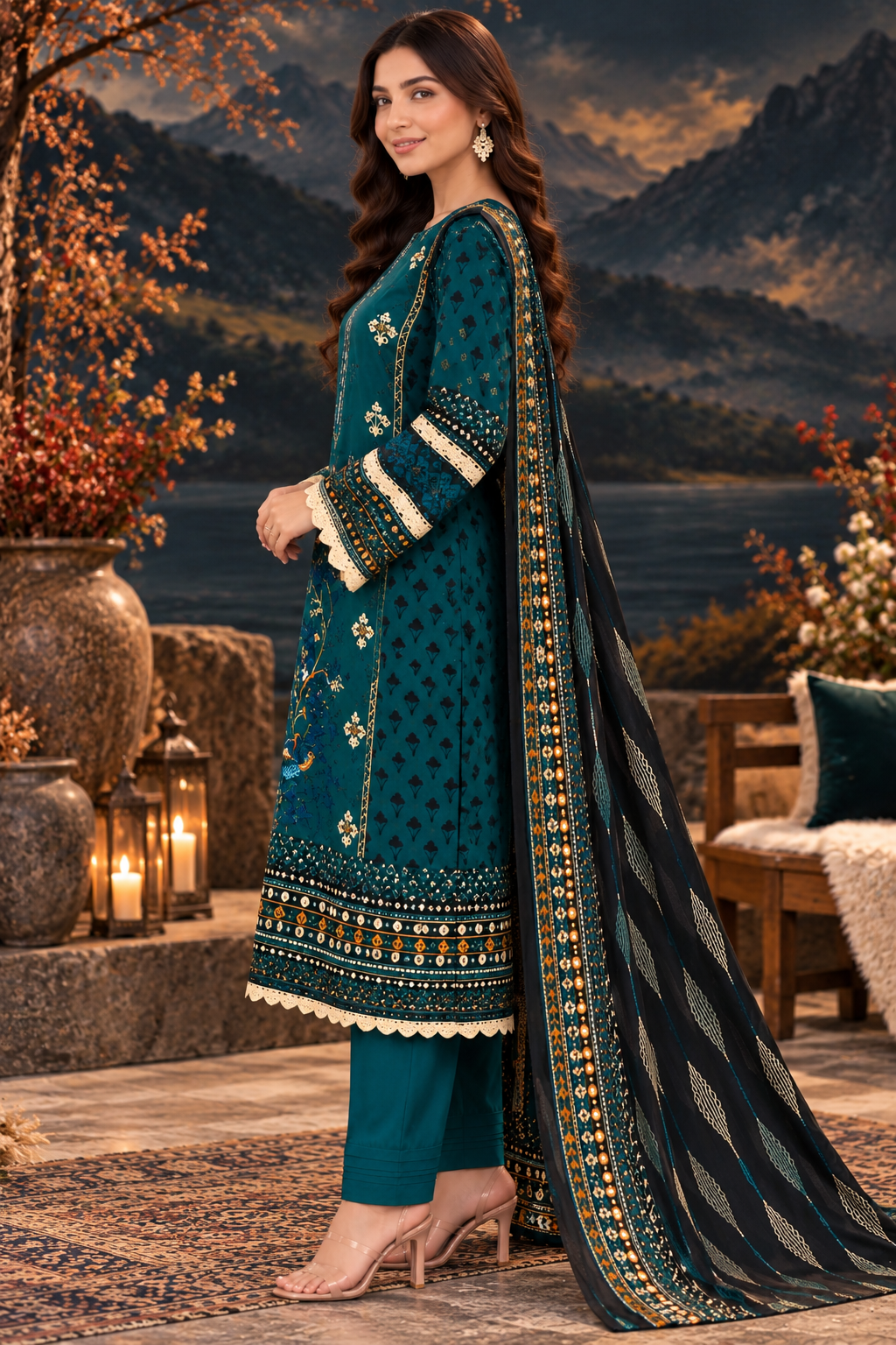 Pakistani Women’s Casual Winter Wear 3-Piece Embroidered  Suit – Dhanak, Teal Blue | 1506| Designer Rack