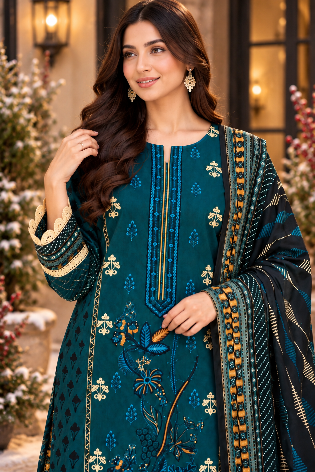 Pakistani Women’s Casual Winter Wear 3-Piece Embroidered  Suit – Dhanak, Teal Blue | 1506| Designer Rack