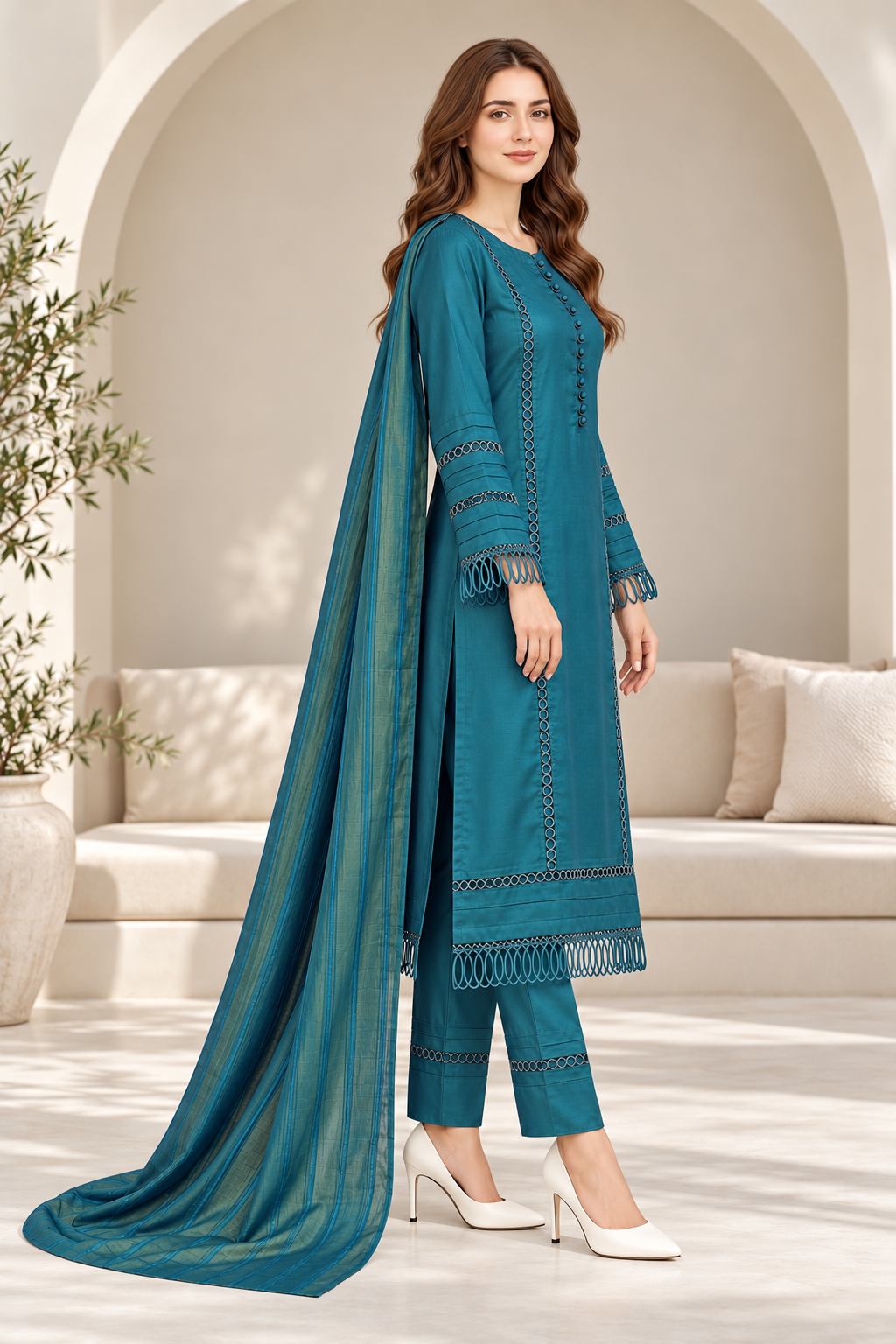 Pakistani Women's Casual Wear 3-Piece Suit - Linen, Teal | 1504 | Designer Rack